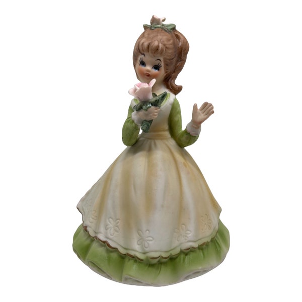 Vintage Lefton Birthday Girl in Green Dress Holding Flowers Music Box Figurine Rose