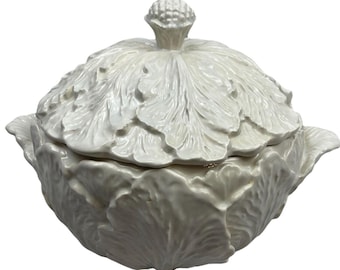 WHITTIER POTTERY Duża waza do zupy kapuścianej 5 qt Vtg 1978 USA Kość słoniowa, błękitna, szkliwo