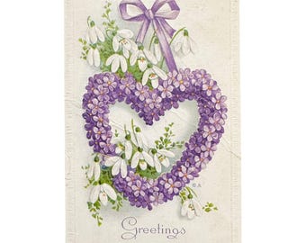 Vintage Embossed Postcard Purple Floral Heart & Snowdrops Greetings 1910 E.Nash