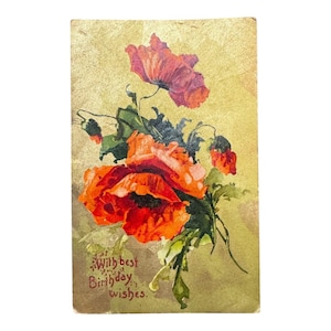 Antique 1909 Birthday Postcard With Red Poppies Printed in Germany Rothsay MN