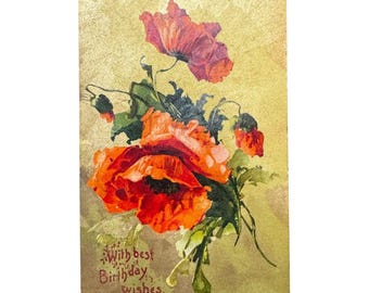 Antique 1909 Birthday Postcard With Red Poppies Printed in Germany Rothsay MN