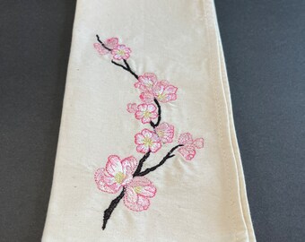 Cherry blossoms machine embroidered on organic cotton reusable cloth dinner napkin.