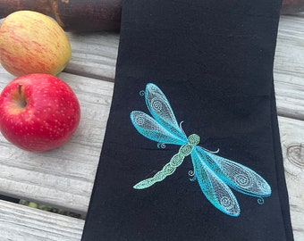 Black Flour Sack Kitchen Towel - Tea Towel - Embroidered Dragonfly- Sustainable Gift - Zero Waste