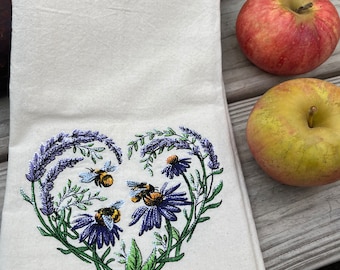 Organic Flour Sack Kitchen Towel - Tea Towel - Embroidered Buzzing heart blooms - Zero Waste - Sustainable Gift