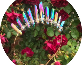 The Aimee - mini polished black titanium aura quartz tiara crown on a flexible metal headband wrapped in rose gold gold or silver wire