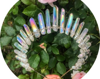 The Sarah - Angel Aura quartz crown headband with silver gold or rose gold wire