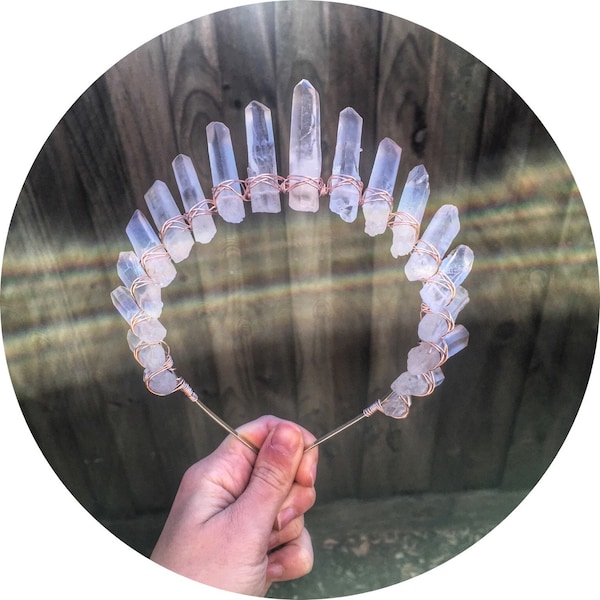 The Sarah - short Clear crystal quartz crown headband with gold, silver or rose gold wire