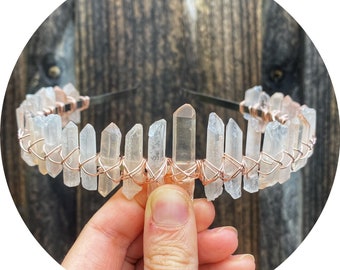 The Molly - Rose quartz flat headband wrapped in gold, rose gold or silver wire