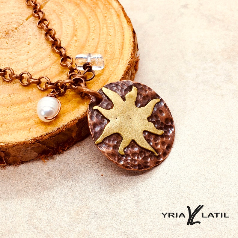 Handmade adjustable Chain Adjustable NeclaceChoker with copper and brass Sun pendant with quartz and Pearl charms
