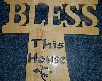 God Bless This House, Hand Carved Wooden Cross, Custom Housewarming Gift, Wood Carved Christian Cross, Carved Wooden Cross, Bless Our Home