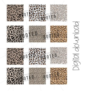 Może przedstawiać: Zestaw 12 cyfrowych wzorów w panterkę w różnych kombinacjach kolorystycznych. Wzory przedstawiają brązowe, czarne, białe i beżowe plamki pantery na różnych tłach.