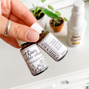 Op de afbeelding: Twee kleine bruine glazen flesjes met witte etiketten. De etiketten zeggen "Thieves Household Cleaner" en "Thieves Cleaner Sample". De flesjes zijn in de hand van een persoon.