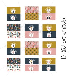 Könnte beinhalten: Satz von 12 druckbaren Weihnachtsgeschenkanhängern mit verschiedenen winterlichen Designs. Die Anhänger sind in verschiedenen Farben gehalten, darunter Rosa, Blau, Gold und Weiß. Die Anhänger enthalten Texte wie "Cozy Nights", "Candy Cane", "Winter Rush" und "All is Calm".