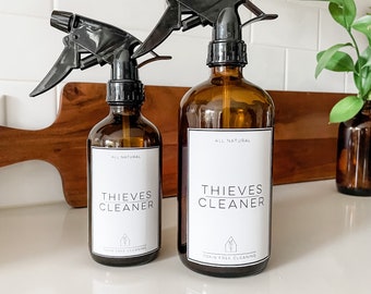 READY TO SHIP! Set of 2 printed Thieves Household cleaner and vinyl labels for 16oz and 8oz spray bottles