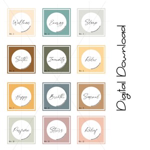 Puede incluir: Doce etiquetas cuadradas con esquinas redondeadas, cada una con un color diferente y un círculo blanco con una palabra escrita a mano en su interior. Las palabras son: Bienestar, Energía, Sueño, Calmar, Inmunidad, Relajación, Feliz, Respirar, Estacional, Perfume, Estrés y Alivio. Cada etiqueta está numerada del 1 al 12.