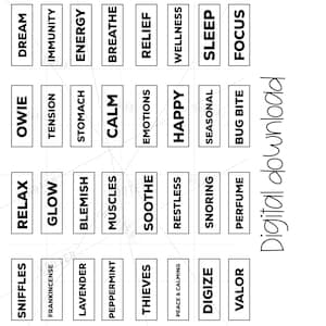 Puede incluir: Etiquetas imprimibles en blanco y negro con varias palabras relacionadas con la aromaterapia y los aceites esenciales, como "Sleep", "Focus", "Relax", "Calm", "Happy", "Soothe", "Restless", "Snoring", "Seasonal", "Bug Bite", "Owie", "Dream", "Immunity", "Energy", "Breathe", "Relief", "Wellness", "Sneezes", "Glow", "Tension", "Stomach", "Blemish", "Muscles", "Emotions", "Thieves", "Valor", "Digize", "Perfume", "Lavender", "Peppermint", "Frankincense", "Peace & Calming".