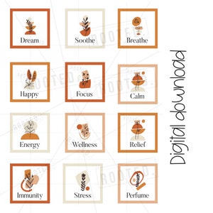 May include: Twelve square digital printable labels with abstract shapes and floral elements in shades of orange, brown, and cream. Each label features a different word, such as "Dream", "Soothe", "Breathe", "Happy", "Focus", "Calm", "Energy", "Wellness", "Relief", "Immunity", "Stress", and "Perfume".