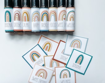 Rainbow Essential Oil Roller Labels: Boho Stickers, Set of 8