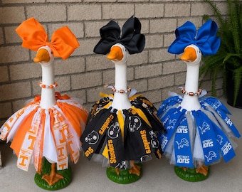 Porch goose sports TEAM outfit, porch goose scrap fabric tutu, football dress for porch goose, football tutu
