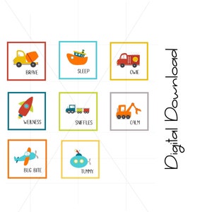Könnte beinhalten: Neun bunte Quadrate mit verschiedenen Illustrationen von Fahrzeugen und den Wörtern "Brave", "Sleep", "Owie", "Wellness", "Sniffles", "Calm", "Bug Bite", "Tummy" und "Digitaler Download".