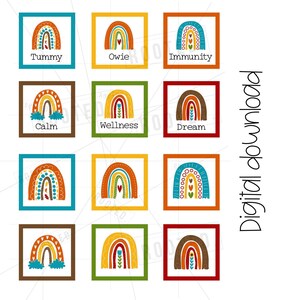 Puede incluir: Doce ilustraciones de arcoíris coloridos con diferentes patrones y colores. Cada arcoíris tiene una palabra diferente debajo: Tummy, Owie, Immunity, Calm, Wellness, Dream, Descarga digital.