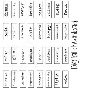 Pode incluir: Download digital imprimível em preto e branco de 24 cartões quadrados com palavras relacionadas a relaxamento, sono e bem-estar. As palavras incluem: sonho, imunidade, energia, respirar, alívio, bem-estar, dormir, foco, dor, tensão, estômago, calma, emoções, felicidade, sazonal, picada de inseto, relaxar, brilho, imperfeição, músculos, acalmar, inquieto, ronco, perfume, espirrar, incenso, lavanda, hortelã, ladrões, paz e tranquilidade, digitalizar, valor.