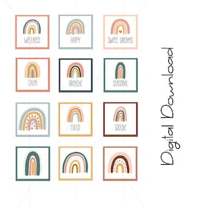 Puede incluir: Conjunto de 12 ilustraciones de arcoíris imprimibles con diferentes colores y patrones. Cada arcoíris tiene una palabra diferente debajo, como "bienestar", "feliz", "dulces sueños", "calma", "respirar", "estacional", "enfoque", "calmar", y más.