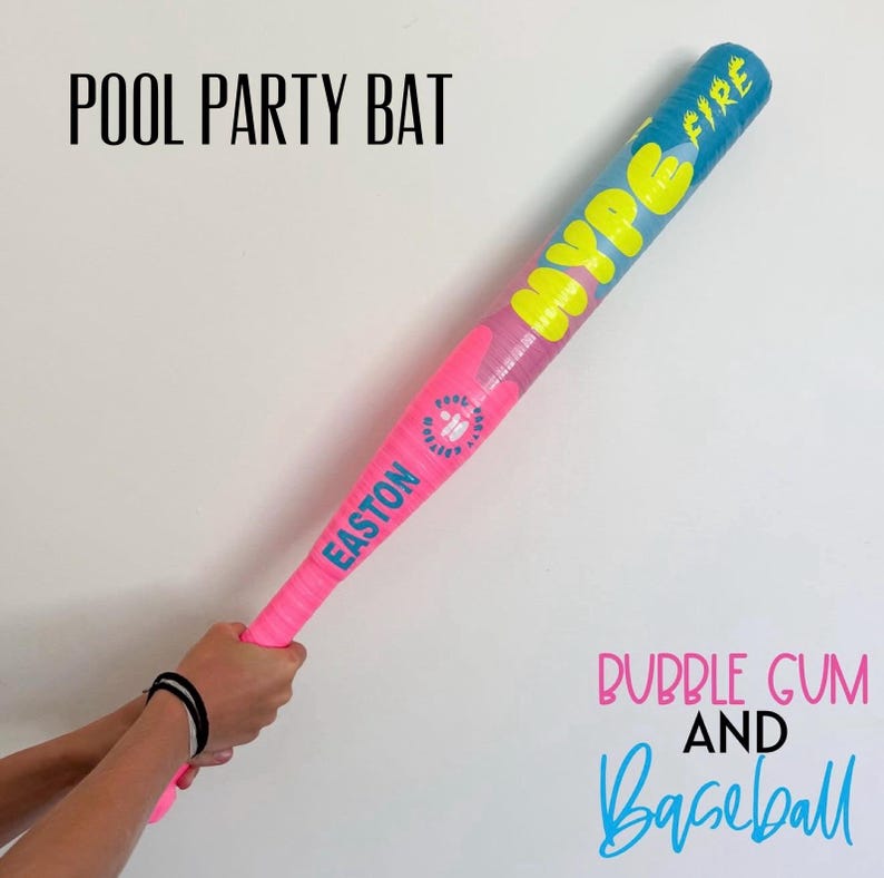 May include: A bright pink and blue baseball bat featuring the text HYPE FIRE in yellow, the word EASTON in blue, and a small circular logo. The bat is labeled POOL PARTY BAT, BUBBLE GUM AND BASEBALL, and has a textured grip area near the handle.