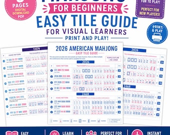Guía de fichas fáciles de Mahjong americano 2026 -ejemplos de manos- Hoja de trucos para principiantes de Mahjong (descarga digital en PDF)