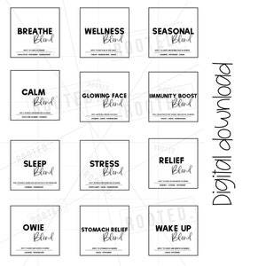 Könnte beinhalten: Ein Satz von 10 druckbaren Etiketten für ätherische Ölmischungen. Die Etiketten sind schwarzweiß mit einem schlichten Design und beinhalten die Namen der Mischungen: Atmen, Wohlbefinden, Saisonal, Ruhe, Strahlendes Gesicht, Immunitätsschub, Schlaf, Stress, Linderung, Wehwehchen, Magenberuhigung und Aufwachen.