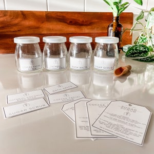 Set von 4 DIY Vinyl Etiketten & Rezeptkarten, Diy Zuckerpeeling, Badesalz, Haferflocken Kokosnussbad und DIY Kaffee Gesichtspeeling. Diy Verwöhngeschenk,