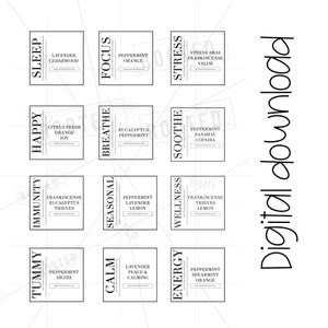 Può includere: Un set di 12 etichette stampabili in bianco e nero per miscele di diffusori con nomi e miscele di oli essenziali per diversi stati d'animo e scopi. Le etichette includono nomi come "Sleep", "Focus", "Stress", "Soothe", "Breathe", "Seasonal", "Calm", "Energy", "Tummy", "Immunity", "Happy" e "Wellness".