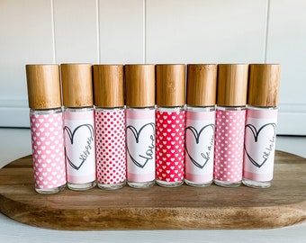 Valentine's Day Essential Oil Roller Labels: Pink & Red Vinyl Stickers (Set of 8)