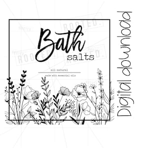 Może przedstawiać: Czarno-biała ilustracja liniowa kwadratowej etykiety z tekstem "Bath salts" i "all natural made with essential oils". Etykieta jest otoczona obramowaniem ze stylizowanych kwiatów i liści.