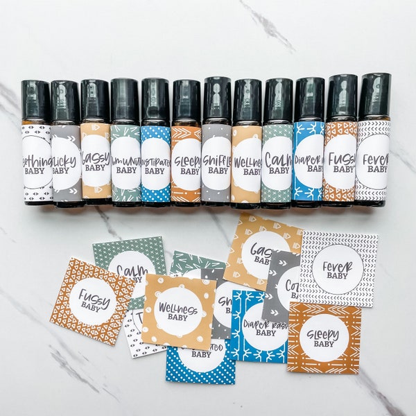 Printed and ready to ship boho baby boy roller labels for 10ml essential oil bottles, essential oil vinyl labels, boho labels