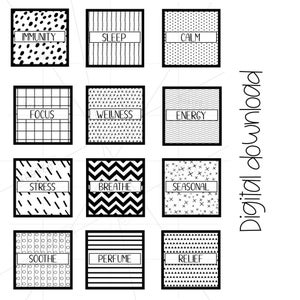 Könnte beinhalten: Schwarz-weiße bedruckbare Etiketten mit verschiedenen Mustern und Texten. Die Etiketten enthalten Wörter wie "Immunität", "Schlaf", "Ruhe", "Fokus", "Wohlbefinden", "Energie", "Stress", "Atmen", "saisonal", "beruhigen", "Parfüm" und "Erleichterung".
