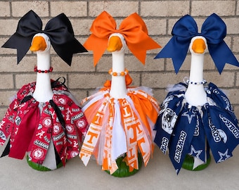 Porch goose sports TEAM outfit, porch goose scrap fabric tutu, football dress for porch goose, football tutu