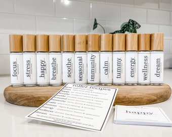 Printed Essential Oil Roller Labels with Recipe Card - 12 Vinyl Stickers
