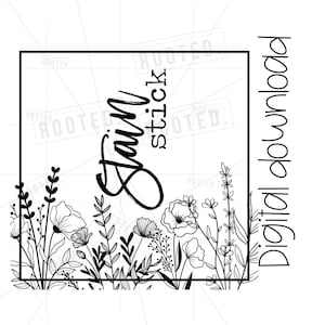 May include: Black and white printable art print with the text "Farm Stick" and a floral design.