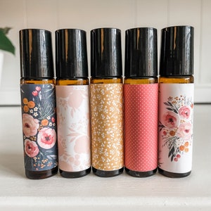 Set of 5 amber glass 10ml roller bottles  with floral print labels, vinyl labels for essential oils, ready to ship modern labels