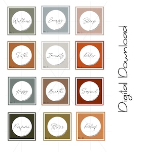 Puede incluir: Doce etiquetas cuadradas con esquinas redondeadas, cada una con un color diferente y un círculo blanco en el centro. Los círculos contienen texto, como "Bienestar", "Energía", "Sueño", "Calmar", "Inmunidad", "Relajarse", "Feliz", "Respirar", "Estacional", "Perfume", "Estrés" y "Alivio". Las etiquetas están numeradas del 1 al 12.