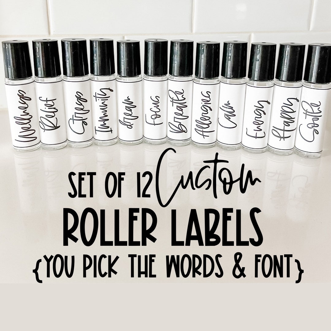 Set of 12 Custom Roller Labels - You Pick 12 Words and Your Font! - Etsy