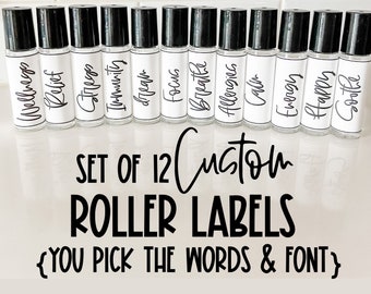 Set of 12 custom roller labels - You pick 12 words and your font!