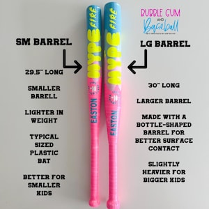 May include: Two pink and blue baseball bats with the word "HYPE" in yellow. One bat is 29.5 inches long, the other is 30 inches long. The bats are made by Easton and are designed for better surface contact.