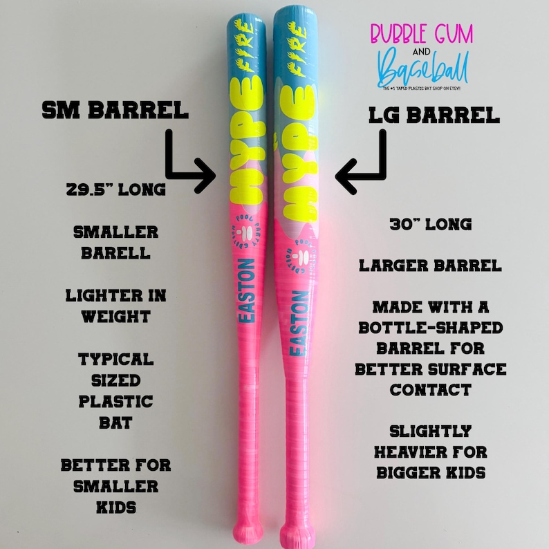 May include: Two pink and blue baseball bats with the word "HYPE" in yellow. One bat is 29.5 inches long, the other is 30 inches long. The bats are made by Easton and are designed for better surface contact.