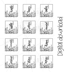Może przedstawiać: Zestaw 12 drukowanych etykiet z czarno-białymi ilustracjami kwiatów i tekstem. Etykiety zawierają słowa "breathe", "soothe", "immunity", "perfume", "stress", "energy", "happy", "wellness", "focus", "dream", "seasonal" i "calm". Każda etykieta zawiera również słowo "blend".