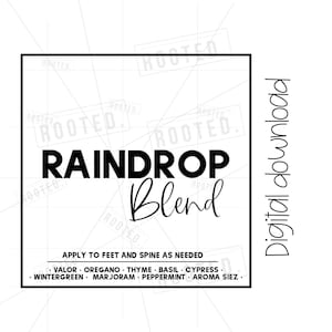 May include: Black and white text on a white background. The text reads "ROOTED. RAINDROP Blend APPLY TO FEET AND SPINE AS NEEDED VALOR OREGANO THYME BASIL CYPRESS WINTERGREEN MARJORAM PEPPERMINT AROMA SIEZ."