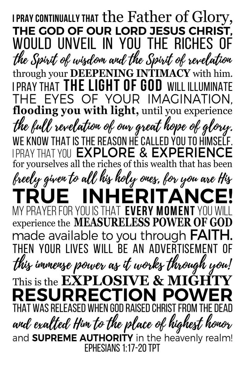 The Passion Translation Ephesians 1:17-20 Verse Prayer of True | Etsy