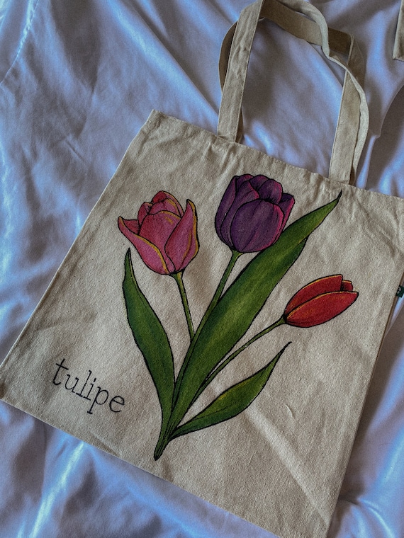 Handmade Hand Painted Tote Bag, Aesthetic Summer Tote Bag, Tulips