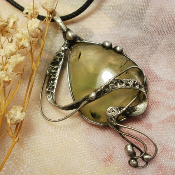 Prehnite Gemstone Pendant made with Tiffany technique, Healing Stone